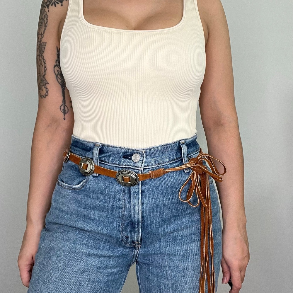 Brown Suede Concho Belt Adjustable Tie Western Boho Festival coastal cowgirl - Picture 9 of 9